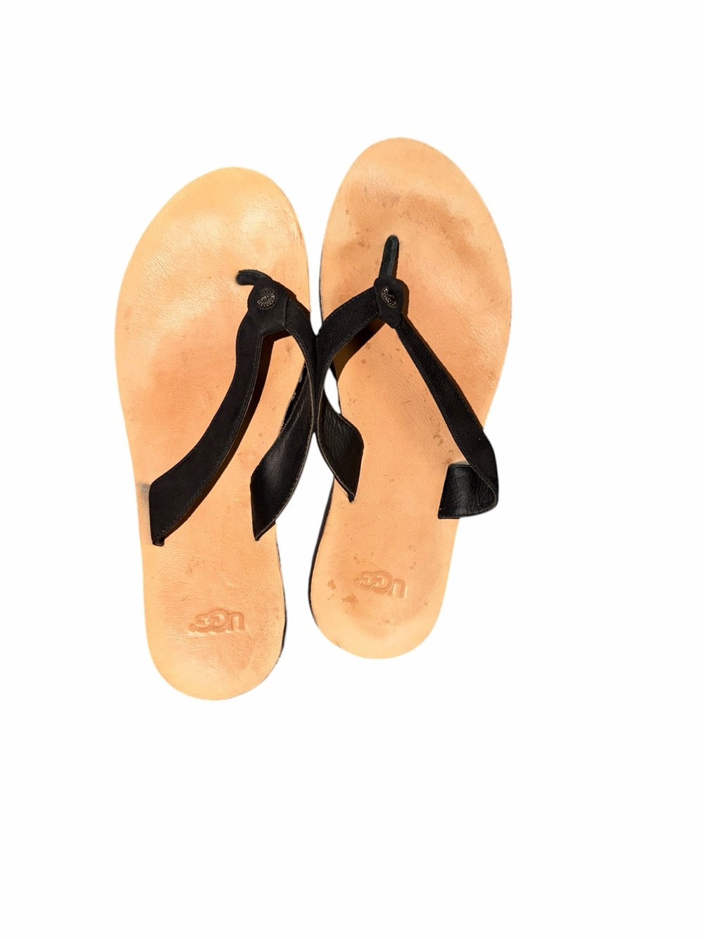 UGG Women's Black Strap Tan Leather Flip Flop Sandals Size 9